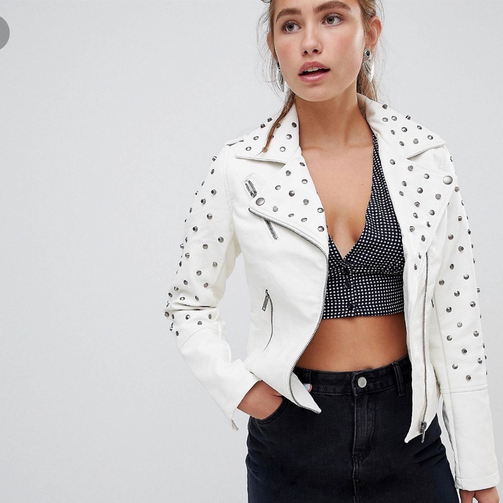 Glamorous studded white leather jacket